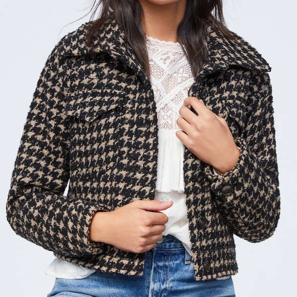 Avec Les Filles Anthropologie Lea Houndstooth Shimmer Cropped Coat jacket L - Picture 1 of 13